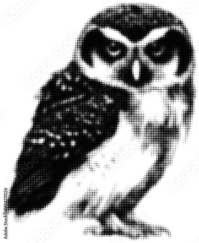 Black and white halftone style owl illustration with detailed dots