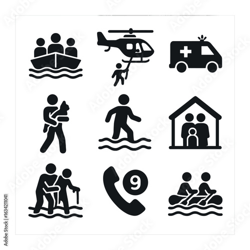 Flood Evacuation Icons Grid. Solid, filled icons set of flood evacuation scenes: people on boat, rescue
