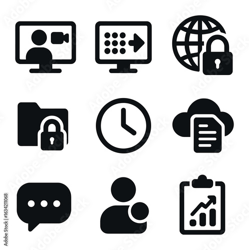 Telework Tools Icons. Solid, filled icons set of telework tools: video call, remote login, VPN access, secure