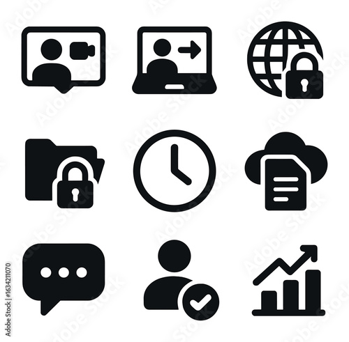 Telework Tools Icons. Solid, filled icons set of telework tools: video call, remote login, VPN access, secure