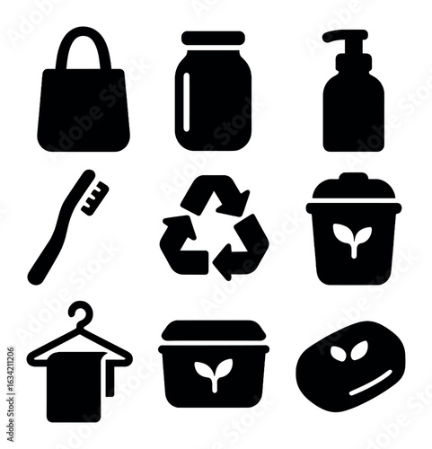 Sustainable Living Icons. Solid, filled icons set of sustainable living: cloth bag, glass jar, refill bottle,