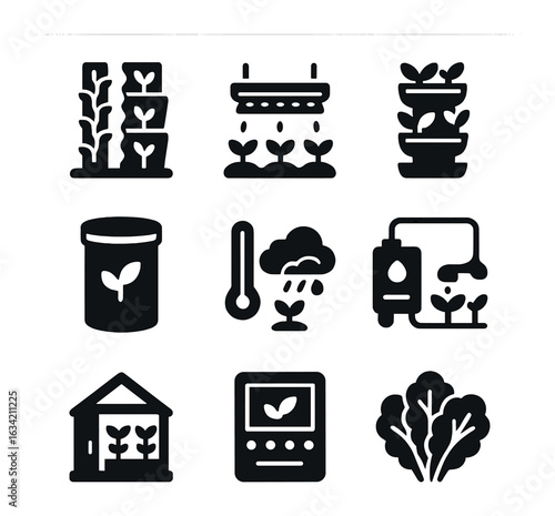 Vertical Farming Icons. Solid, filled icons set of vertical farming technology: hydroponic tower, LED grow