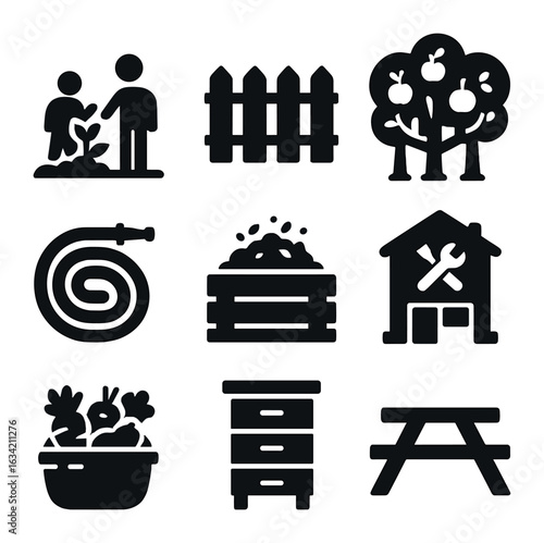 Urban Farm Icons. Solid, filled icons set of community urban farms: shared plot icon, fence gate, garden hose,