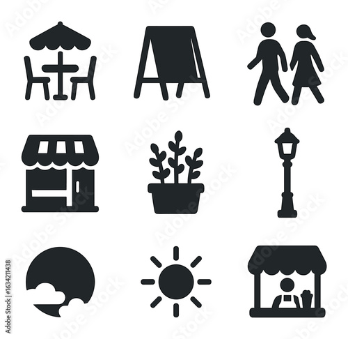Springtime Café Icons. Solid, filled icons set of springtime street cafés: sidewalk table, sandwich board,