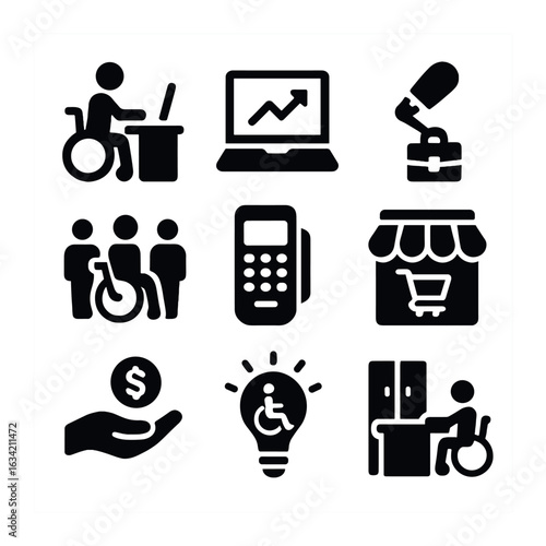 Inclusive Business Icons. Solid, filled icons set of disabled entrepreneurship: wheelchair user at desk,