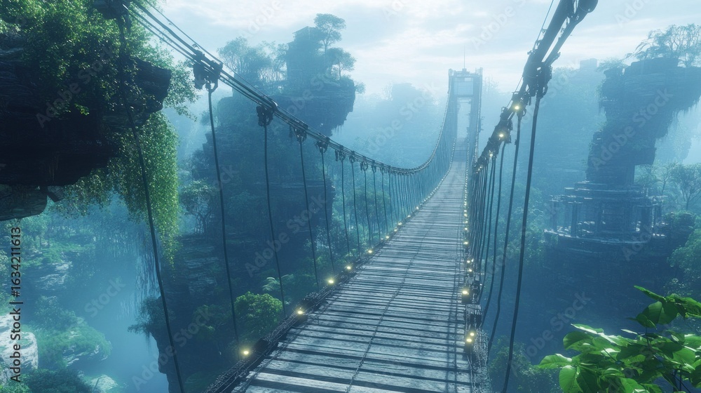 Obraz premium Misty suspension bridge through lush jungle