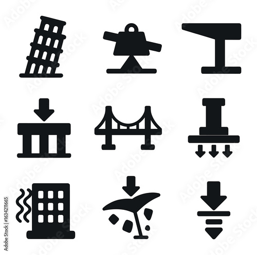 Architectural Gravity Icons. Solid, filled icons set of gravity in architecture: leaning tower icon, weight on