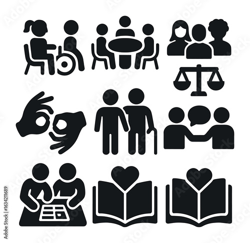 Inclusive Classroom Icons. Solid, filled icons set of inclusive classroom interactions: mixed-ability learners