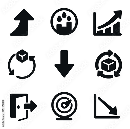 Market Trend Icons Grid. Solid, filled icons set of market expansion and contraction: expansion arrow, market