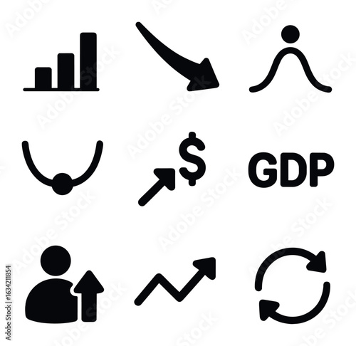 Business Cycles Icons. Solid, filled icons set of business cycles: growth chart, recession arrow, recovery