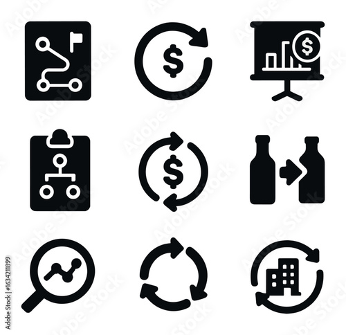 Business Strategy Icons. Solid, filled icons set of business strategy over cycles: agile roadmap, pivot icon,