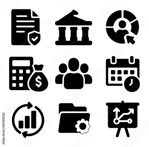 Integration Policy Icons. Solid, filled icons set of integration policy planning: policy document, government