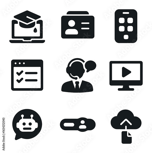 Digital Integration Icons. Solid, filled icons set of digital integration tools: e-learning portal, digital ID