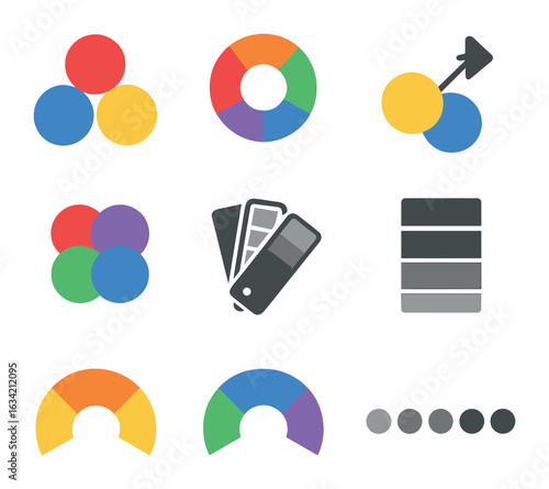 Color Theory Icons. Solid, filled icons set of painter's color theory: primary colors, secondary colors,