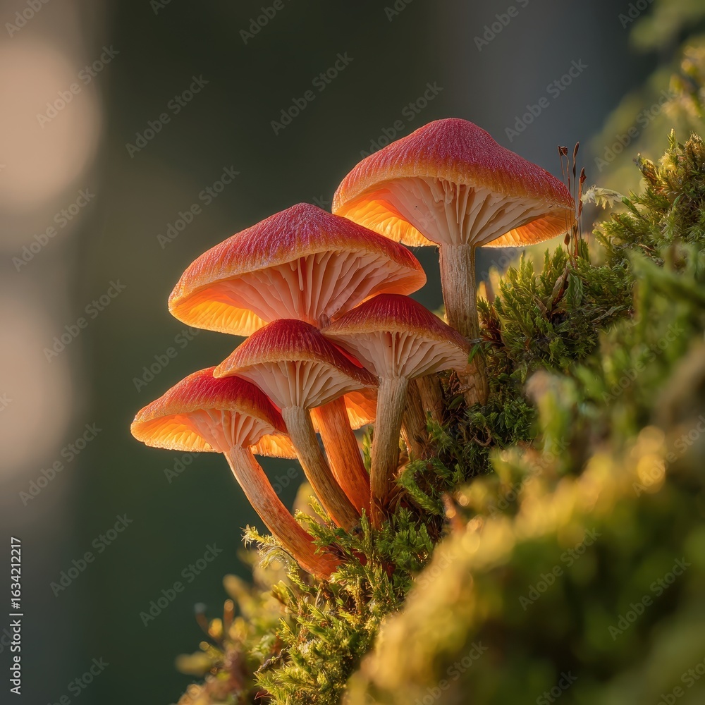Fototapeta premium Close up of a cluster of vibrant red mushrooms emerging from green moss, bathed in soft, warm sunlight.