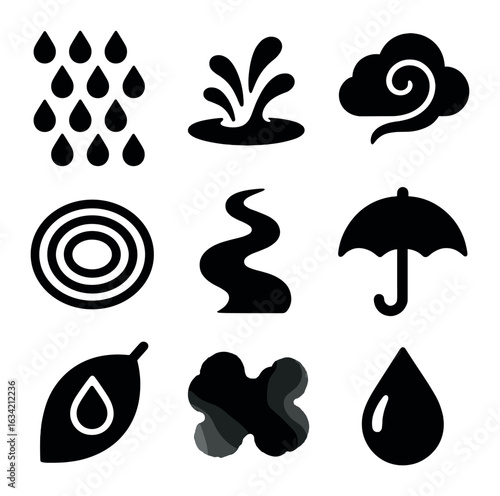 Rain and Water Icons. Solid, filled icons set of rain and water-themed art: raindrop pattern, puddle splash