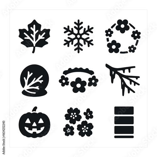 Seasonal Nature Icons. Solid, filled icons set of seasonal nature art: autumn leaf pattern, snowflake symmetry