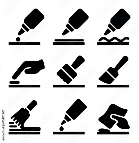 Glue Application Methods. Solid, filled icons set of glue application techniques: dot method, line method,