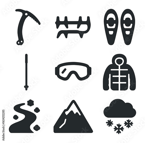 Winter Hiking Essentials. Solid, filled icons set of winter hiking and alpine climbing: ice axe, crampons,