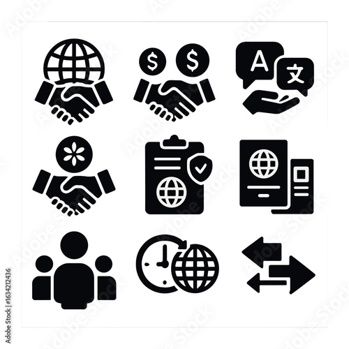 International Partnership Icons. Solid, filled icons set of international joint ventures: globe handshake,