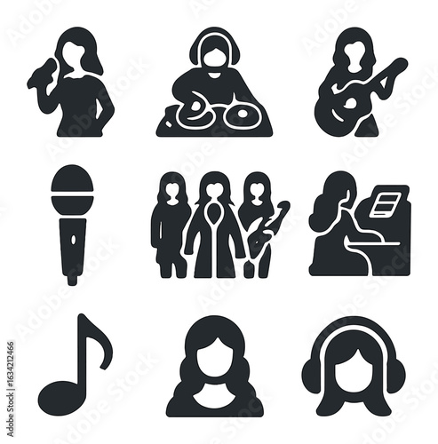 Women in Music Icons. Solid, filled icons set of women in music: female singer, DJ at turntable, woman with