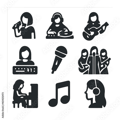 Women in Music Icons. Solid, filled icons set of women in music: female singer, DJ at turntable, woman with