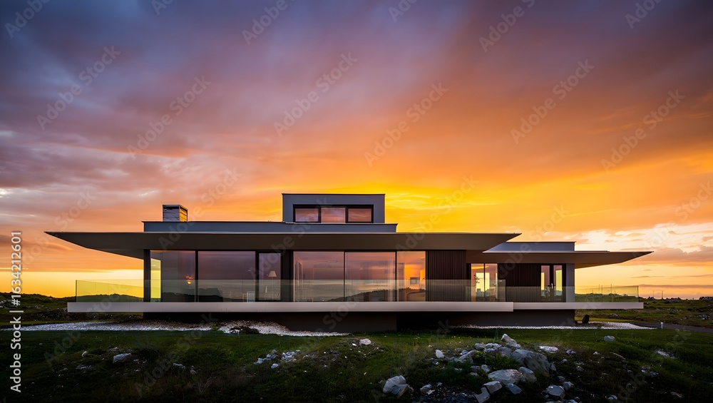 Obraz premium Modern architectural masterpiece bathed in a fiery sunset glow