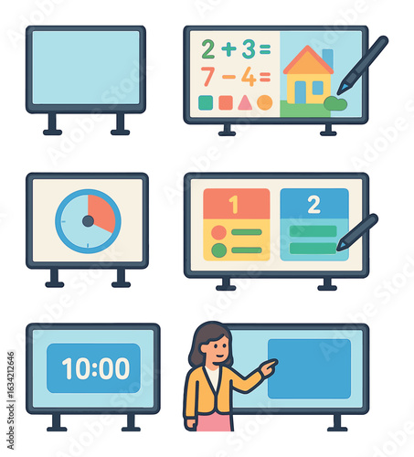 Colorful Classroom Tech. Flat vector mini-illustrations Smartboards in classroom in colors children's
