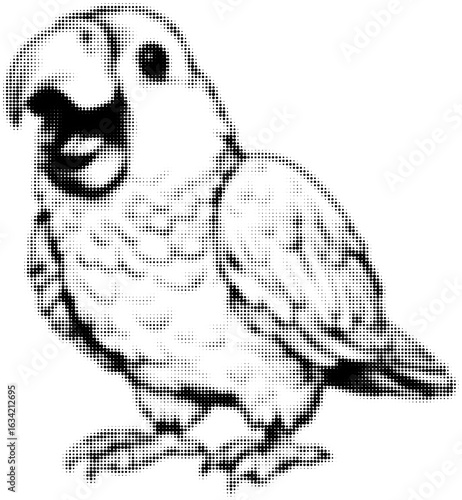Black and white halftone illustration of a parrot with open beak