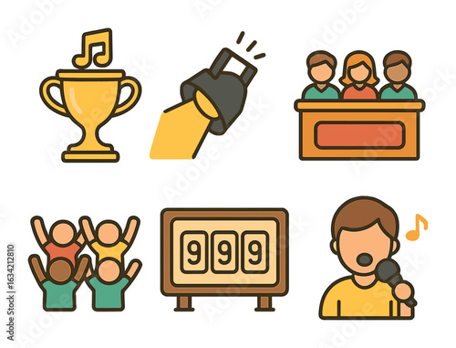 Online Singing Competition. Flat vector mini-illustrations Singing competitions online in colors children's