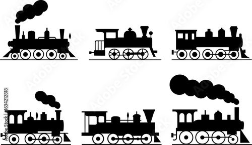 Collection of six vintage steam locomotive silhouettes with billowing smoke