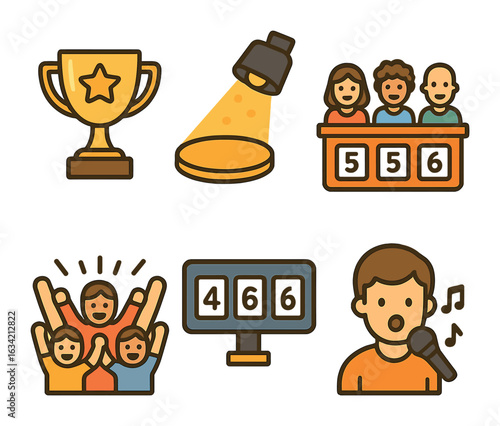 Online Singing Competition. Flat vector mini-illustrations Singing competitions online in colors children's