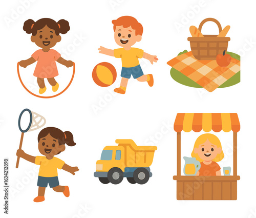 Playful Garden Icons. Flat vector mini-illustrations Children playing in the garden in colors children's
