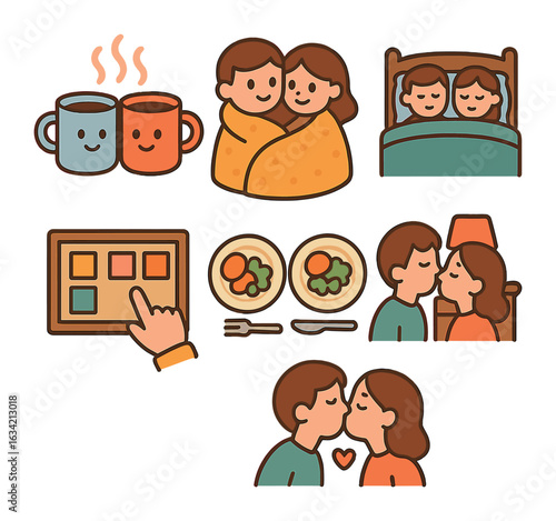 Marriage Rituals Icons. Flat vector mini-illustrations Marriage routines and rituals in colors children's