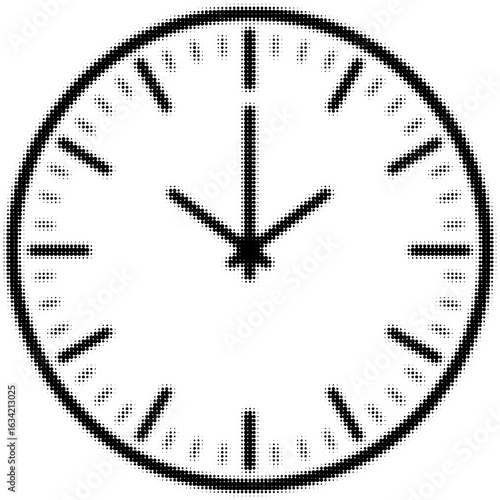 Black and white artful clock image with halftone effect and sharp details