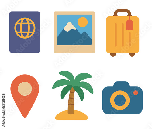 Travel Adventure Icons. Flat vector mini-illustrations Travel storytelling online in colors children's