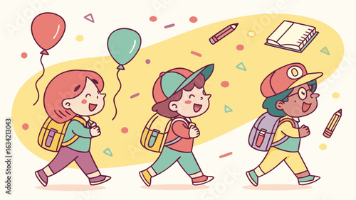 “Cute cartoon-style children with backpacks walking to school happily, colorful background, back to school theme, flat vector”

