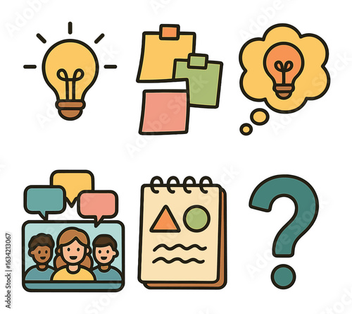 Creative Teamwork Icons. Flat vector mini-illustrations Team brainstorming online in colors children's