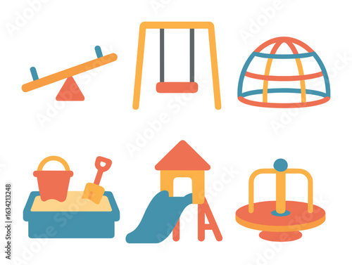 Playground Icons Grid. Flat vector mini-illustrations Playground memories in colors children's illustrations: