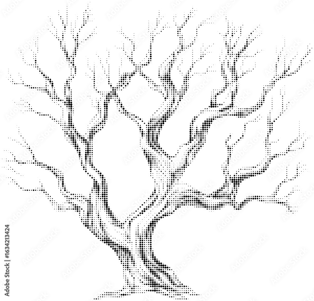 Obraz premium Black and white halftone illustration of a leafless tree with intricate branches