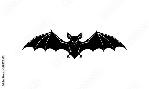 Silhouette of flying bat with outstretched wings. Perfect for halloween designs, spookythemed projects, or wildlife conservation materials.