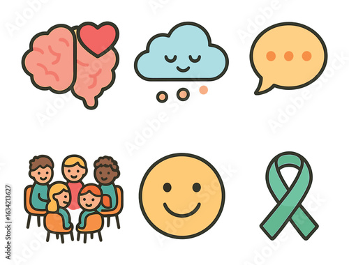 Mental Health Icons. Flat vector mini-illustrations Mental health awareness in colors children's illustrations
