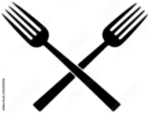 Crossed black forks with halftone effect, food concept