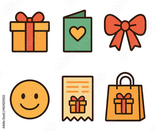 Gift Shopping Icons. Flat vector mini-illustrations Shopping for gifts in colors children's illustrations: