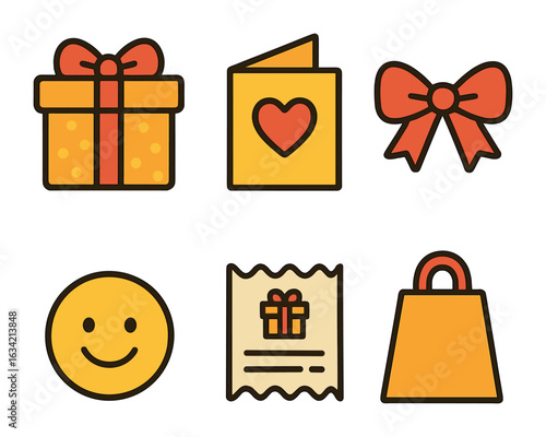 Gift Shopping Icons. Flat vector mini-illustrations Shopping for gifts in colors children's illustrations: