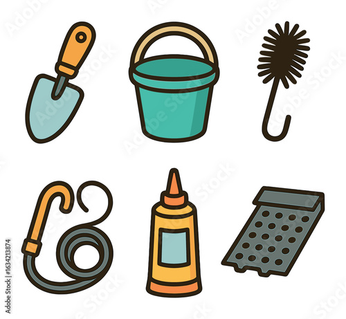 Gutter Tool Illustrations. Flat vector mini-illustrations Gutter maintenance tools in colors children's