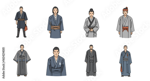 Illustrations of various men in traditional japanese clothing standing in different poses and styles