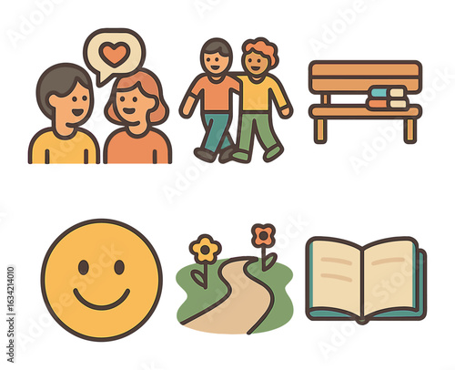 Friendly Stroll Illustrations. Flat vector mini-illustrations Talking and walking with a friend in colors