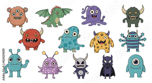 Collection of cartoon monsters and creatures with various shapes colors and facial expressions on white