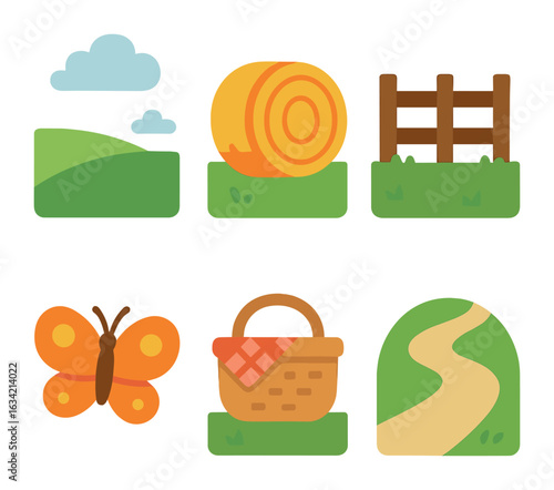 Countryside Adventure Icons. Flat vector mini-illustrations Walk in the countryside in colors children's